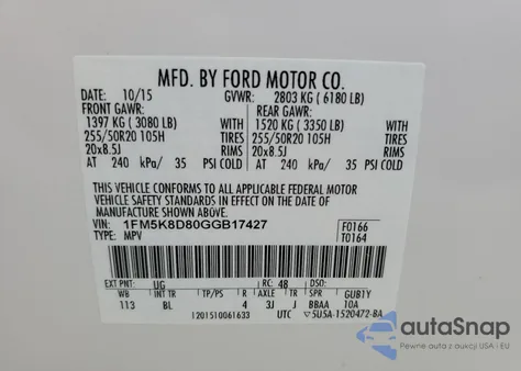 2016 Ford Explorer Xlt z USA, uszkodzony, nr VIN 1FM5K8D80GGB17427